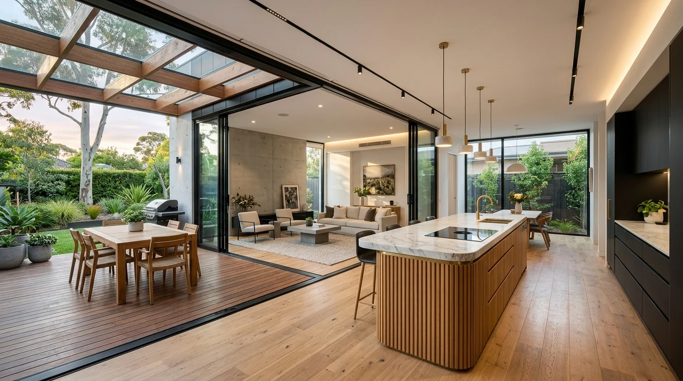 Open-concept Melbourne home renovation with luxury kitchen, timber flooring, and sliding doors to covered deck and pergola