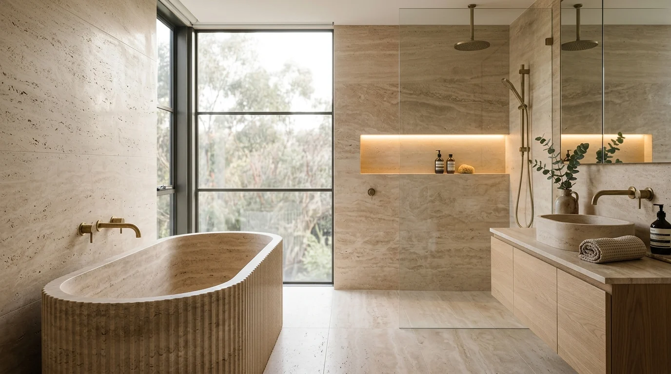 Luxury master ensuite with fluted travertine bathtub, brushed brass tapware and walk-in shower