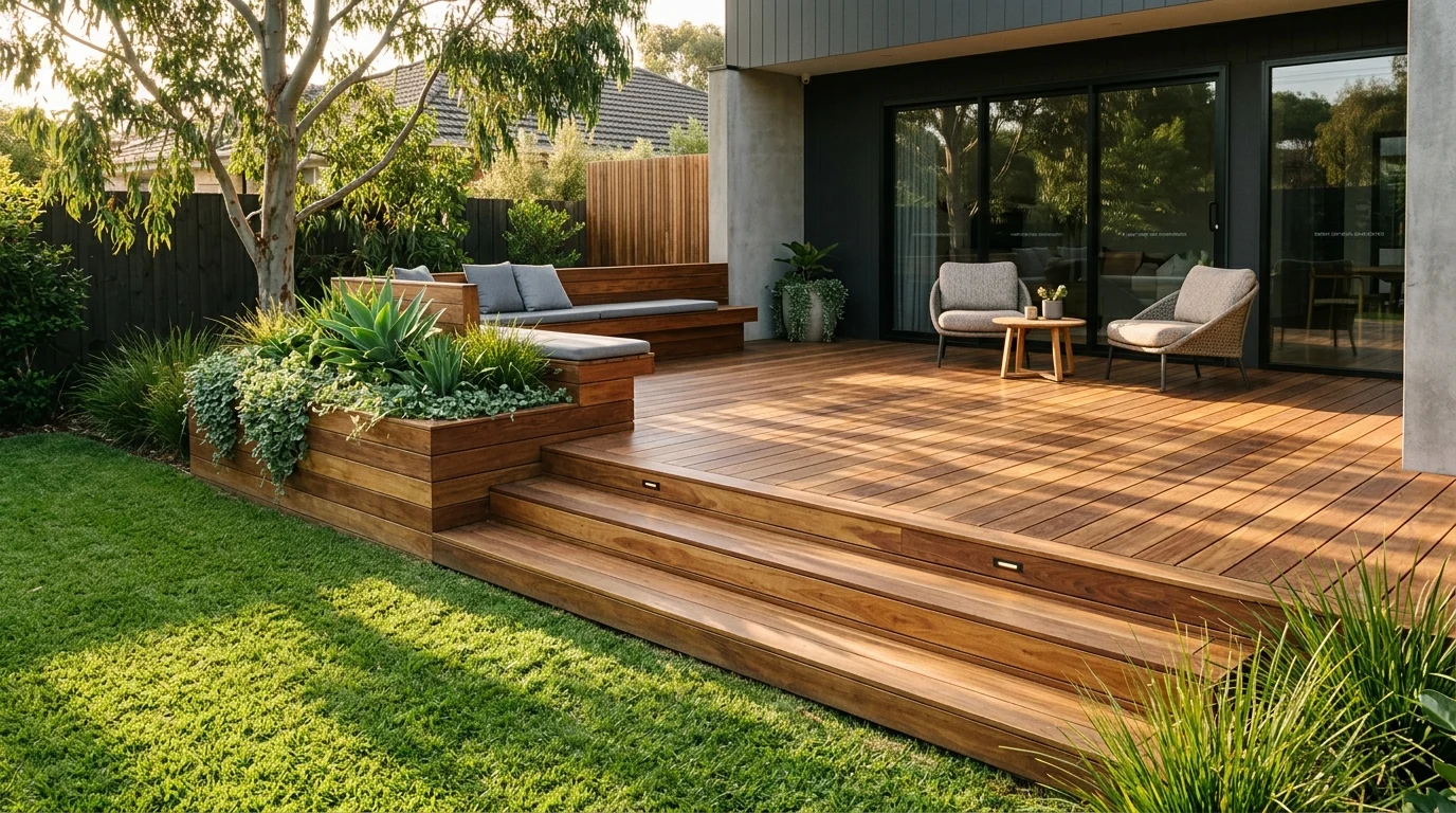 Spotted gum Australian hardwood timber deck with built-in bench seating and wide stairs